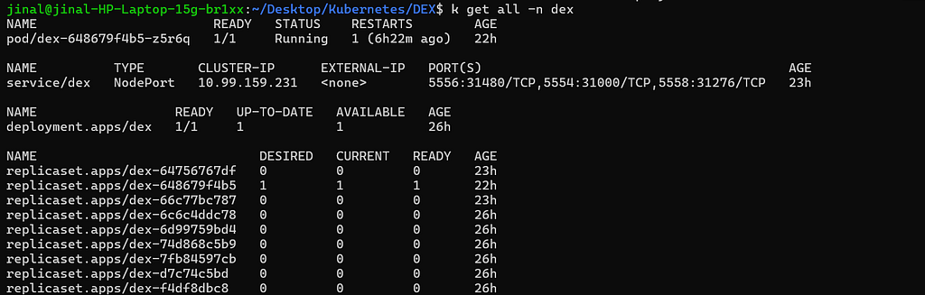 Вывод 'kubectl get pods -n dex', показывающий pod dex в состоянии Running с READY 1/1