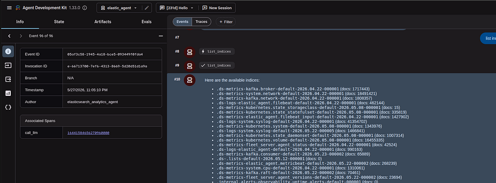 Ответ агента на запрос списка индексов Elasticsearch