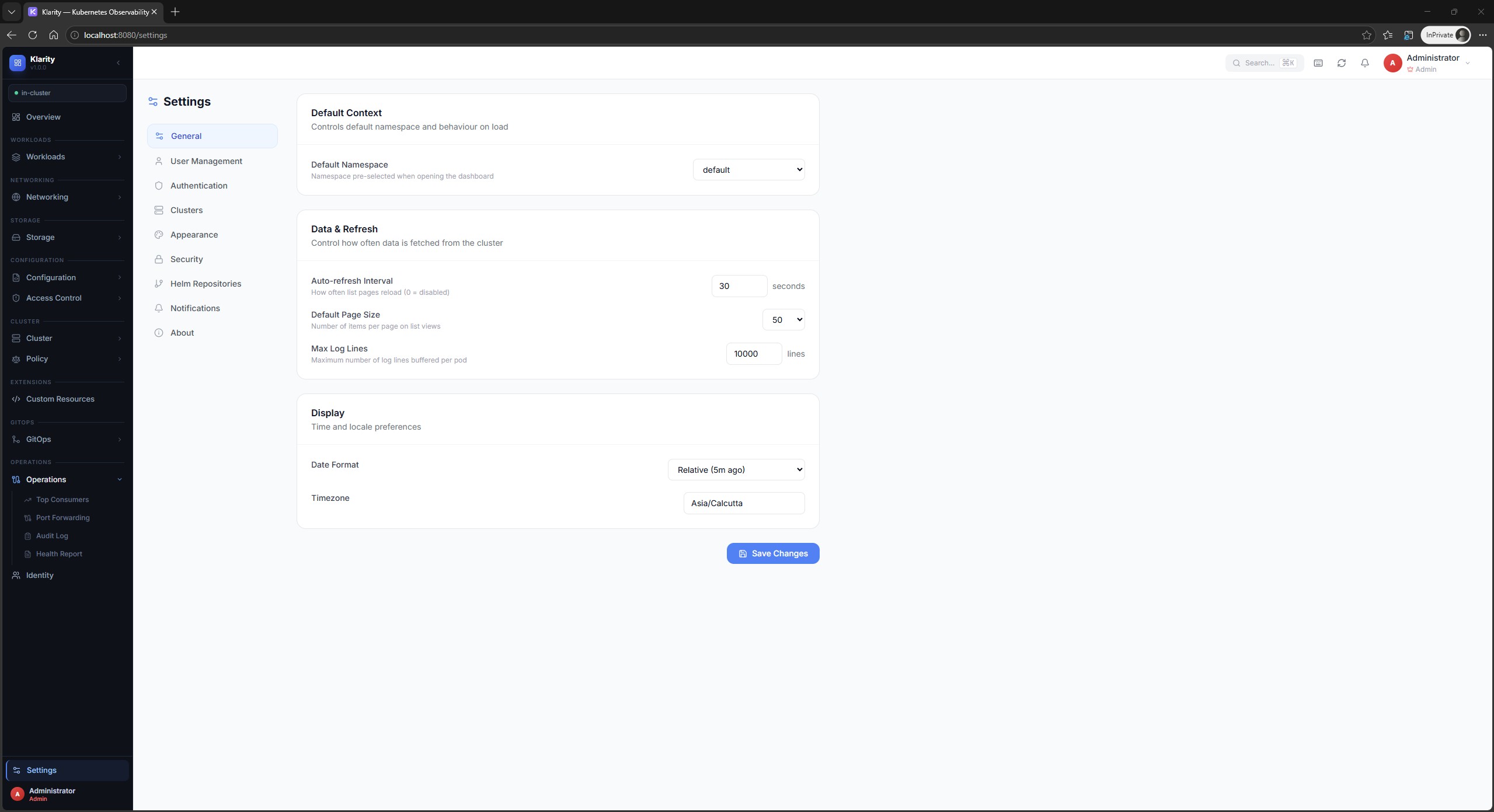 Страница настроек Klarity — авто-обновление, размер страницы, часовой пояс
