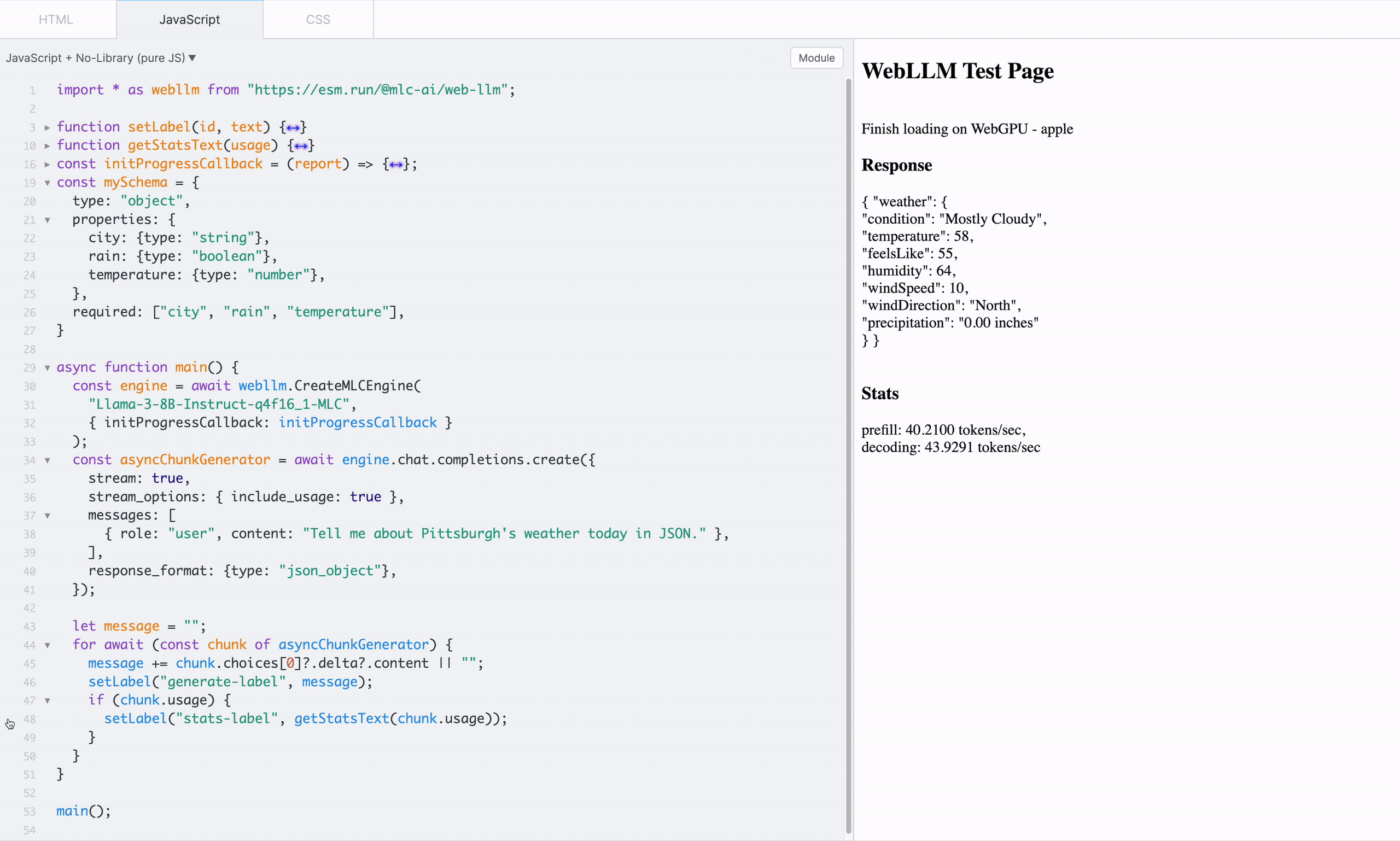 Пример структурированной генерации JSON с использованием схемы в WebLLM