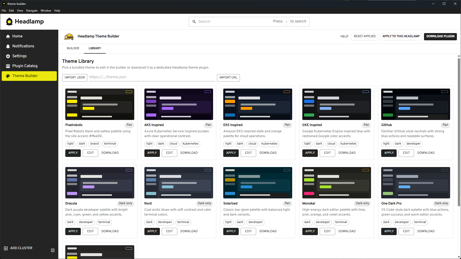 Интерфейс Headlamp Theme Builder с настройкой цветов