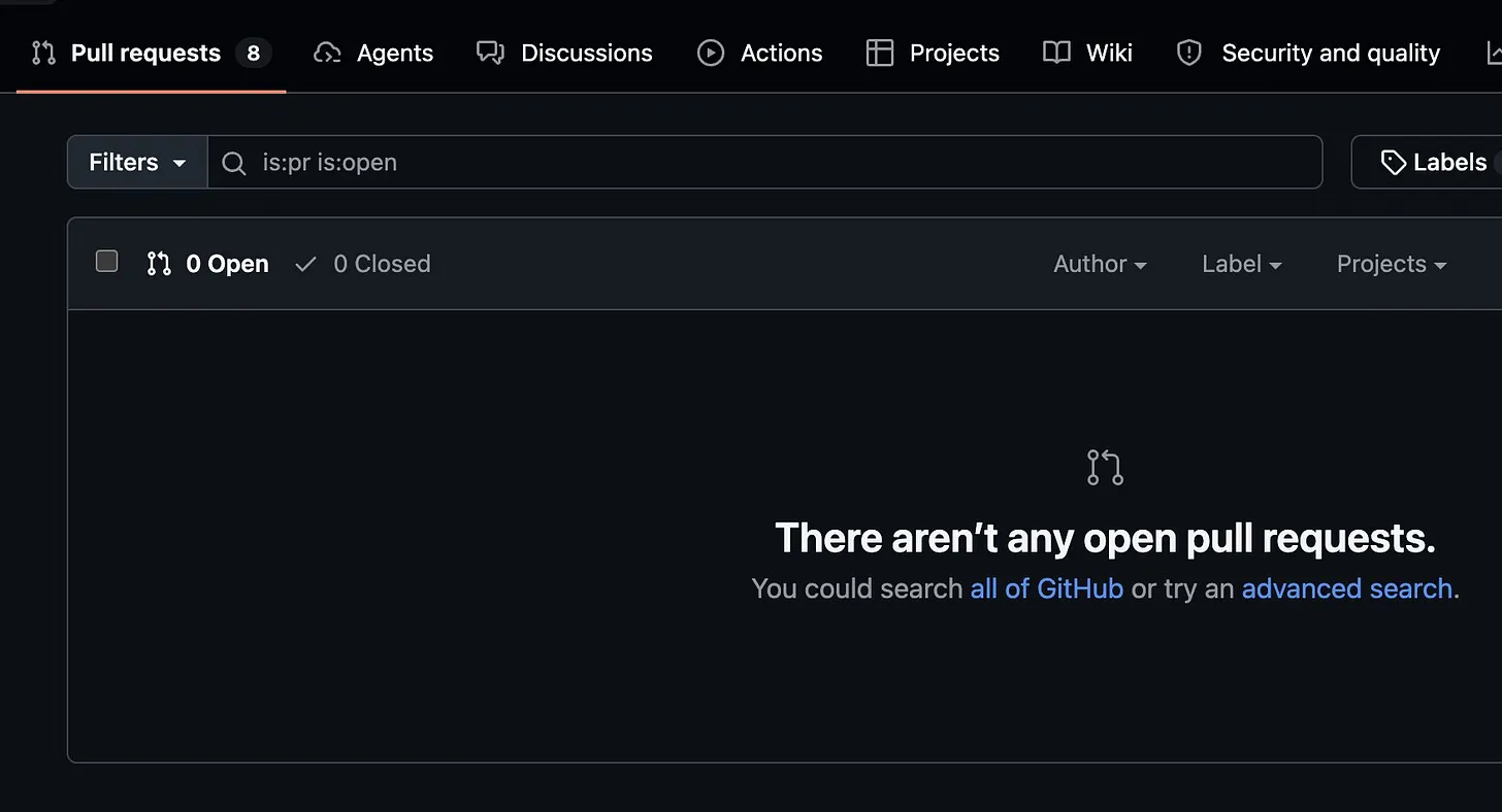 Pull request-ы исчезли из интерфейса — скриншот Марио Зехбергера