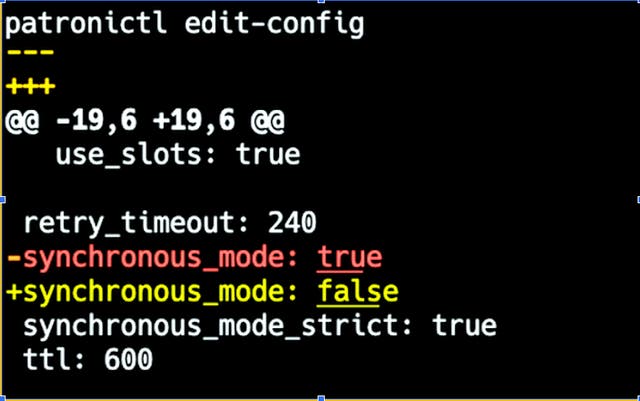 Вывод patronictl edit-config с diff: synchronous_mode изменён с true на false