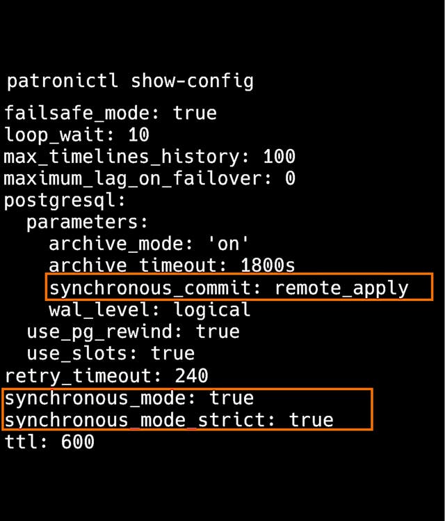 Вывод команды patronictl show-config с выделенными параметрами synchronous_commit: remote_apply, synchronous_mode: true и synchronous_mode_strict: true