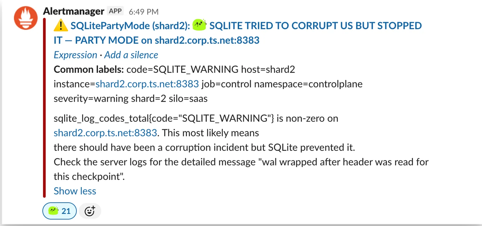 Уведомление AlertManager о предупреждении SQLitePartyMode: SQLite попытался вызвать повреждение на shard2.corp.ts.net, но система предотвратила его