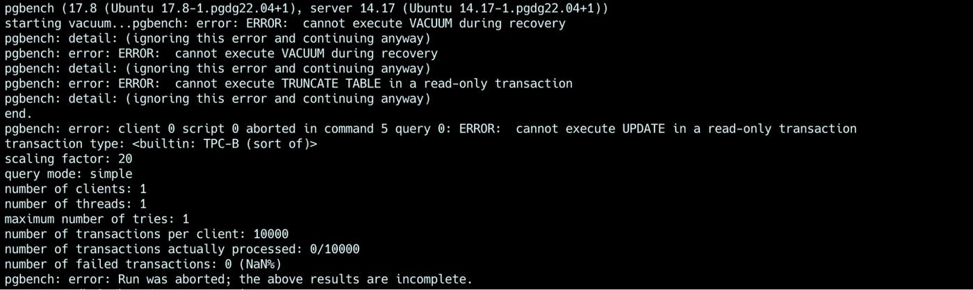 Вывод pgbench: ошибки при операциях записи в транзакции только для чтения, прерванное выполнение рабочей нагрузки