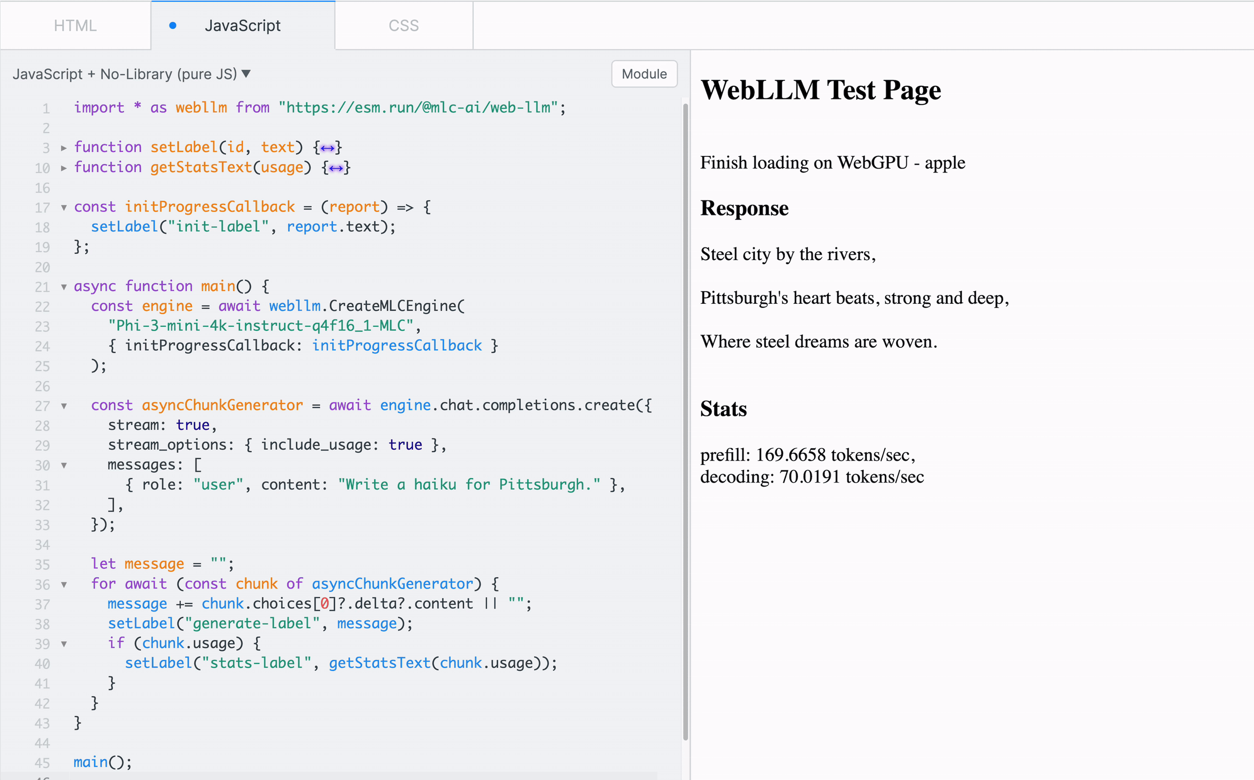 Пример использования MLCEngine в JSFiddle через CDN