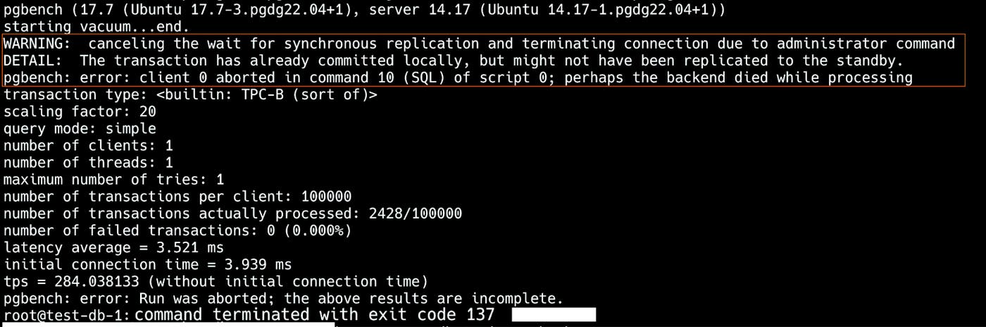 Вывод pgbench: отмены ожиданий синхронной репликации, прерванные транзакции, незавершённое выполнение рабочей нагрузки
