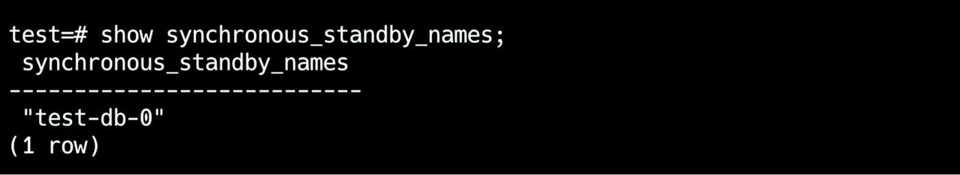 Вывод SQL-запроса: synchronous_standby_names установлен в test-db-0 — настроен конкретный синхронный резервный узел