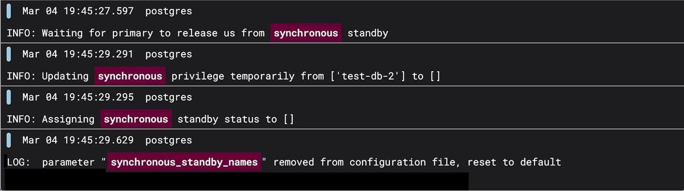 Журналы Patroni: удаление назначений синхронных резервных узлов и очистка synchronous_standby_names после исчезновения подходящих кандидатов