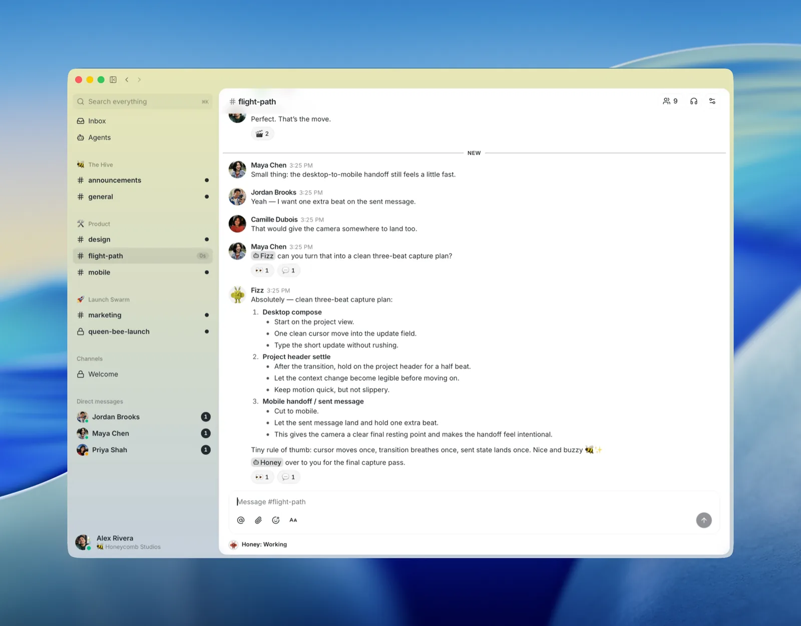 Канал проекта Buzz, где люди и агент координируют план релиза