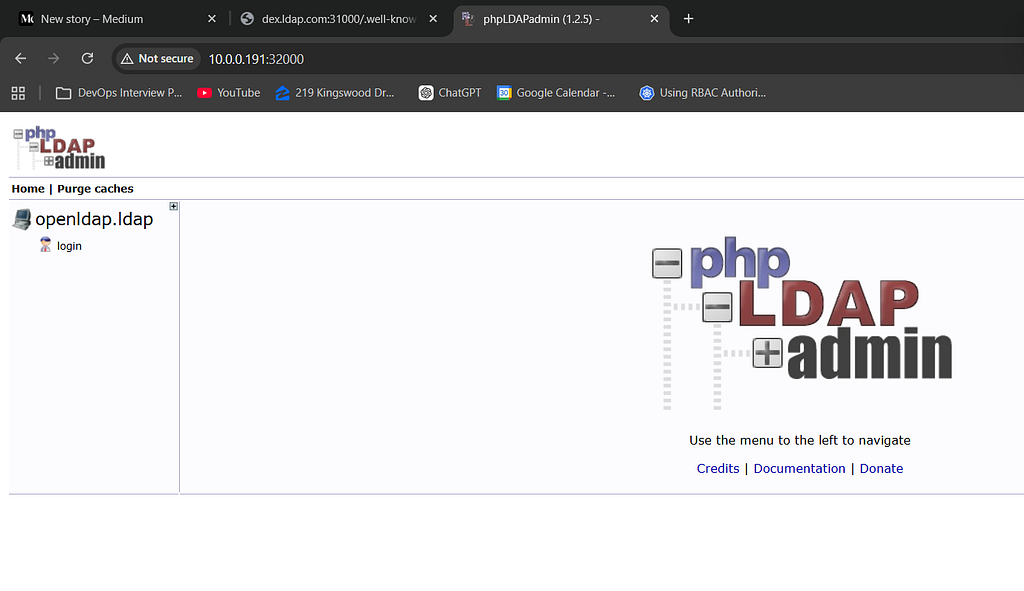Браузер с формой входа phpLDAPadmin, доступной на порту 32000 после исправления TLS ConfigMap