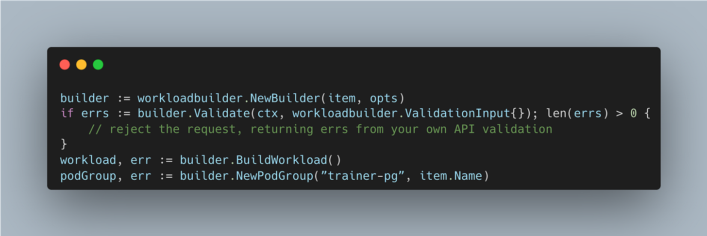 Схема четырёх шагов работы с workloadbuilder: NewBuilder, Validate, BuildWorkload, NewPodGroup