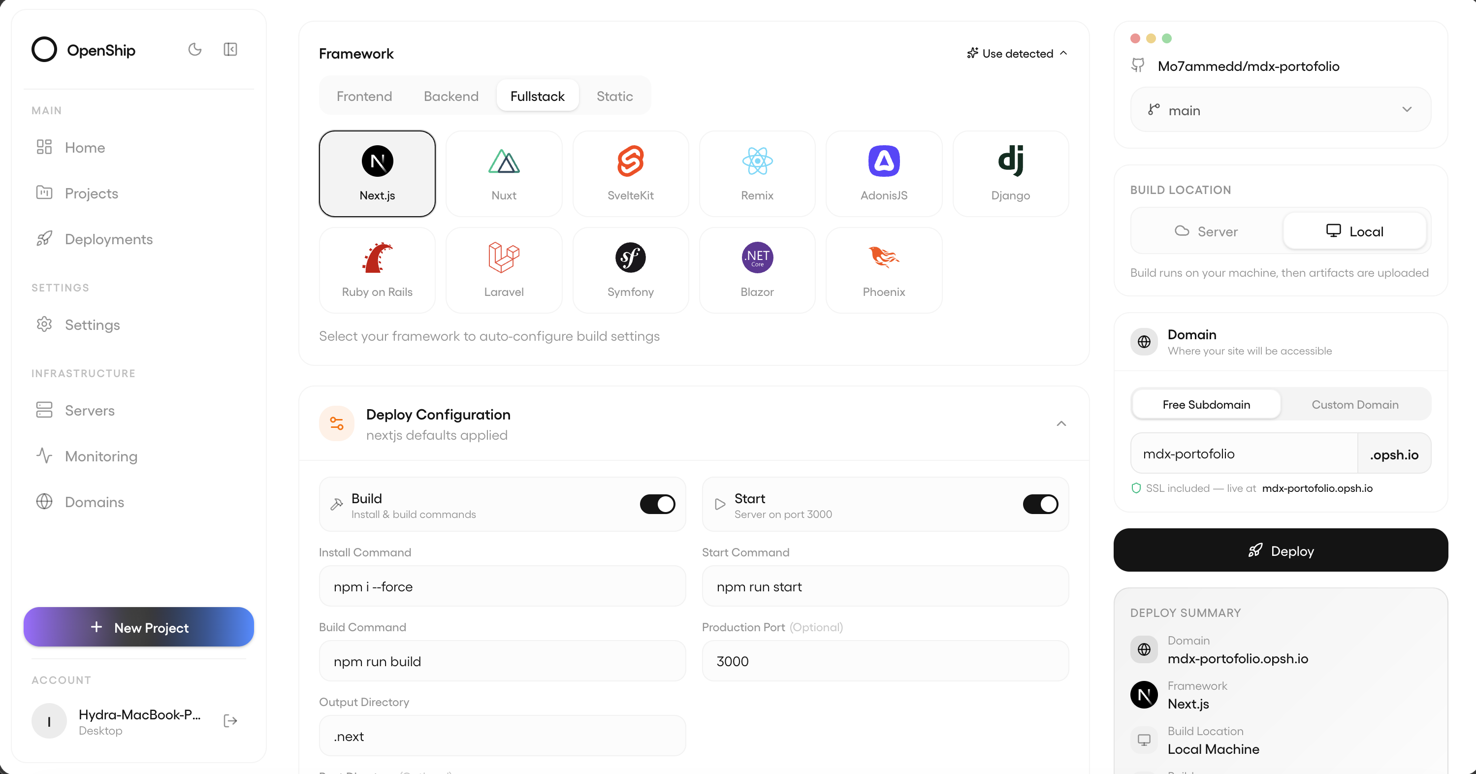 Панель управления Openship