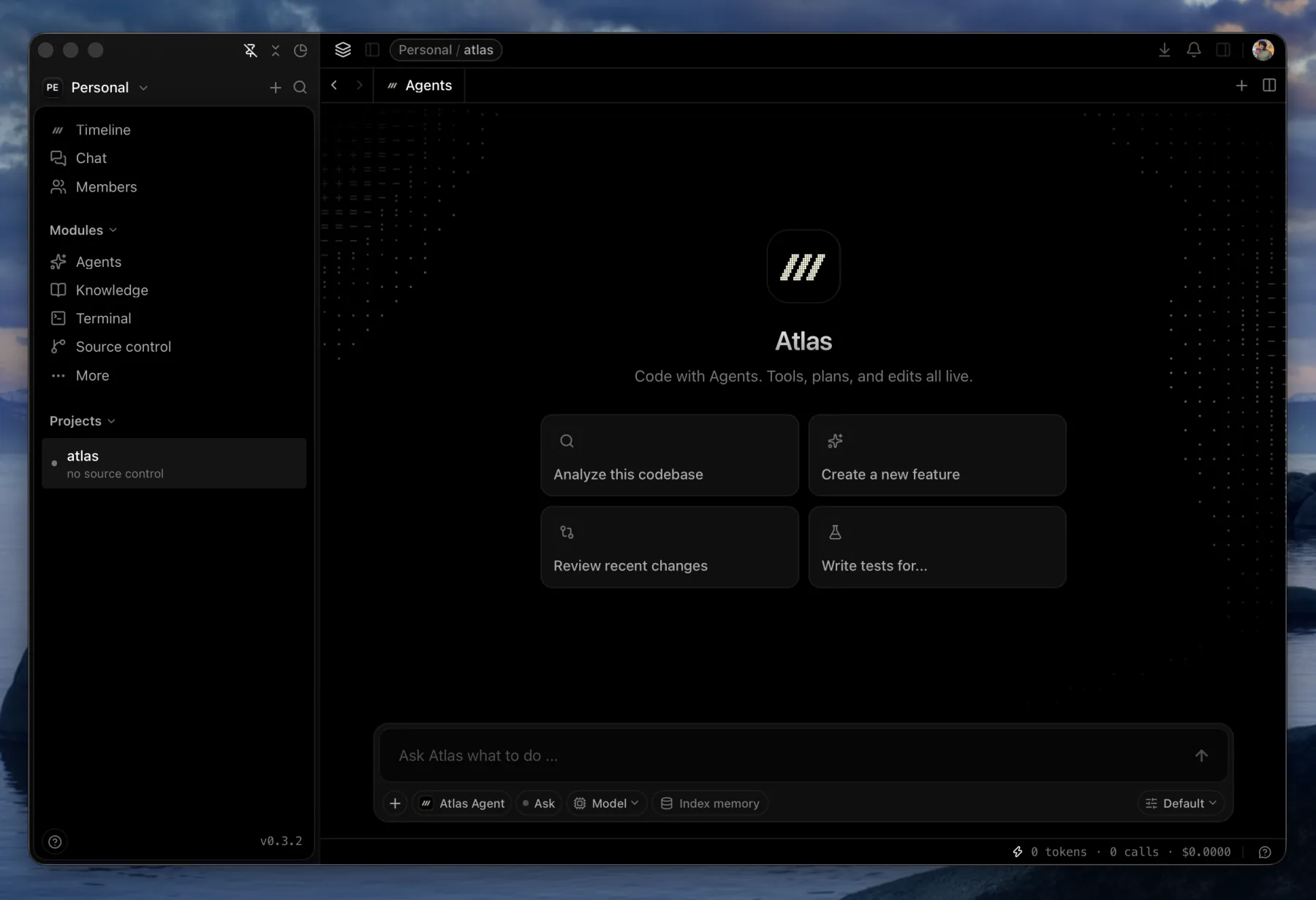 Вкладка Agents с боковой панелью проекта и навигационной рейкой модулей