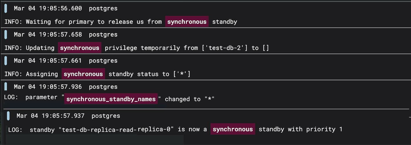 Журналы Patroni: установка synchronous_standby_names в * и назначение реплики синхронным резервным узлом