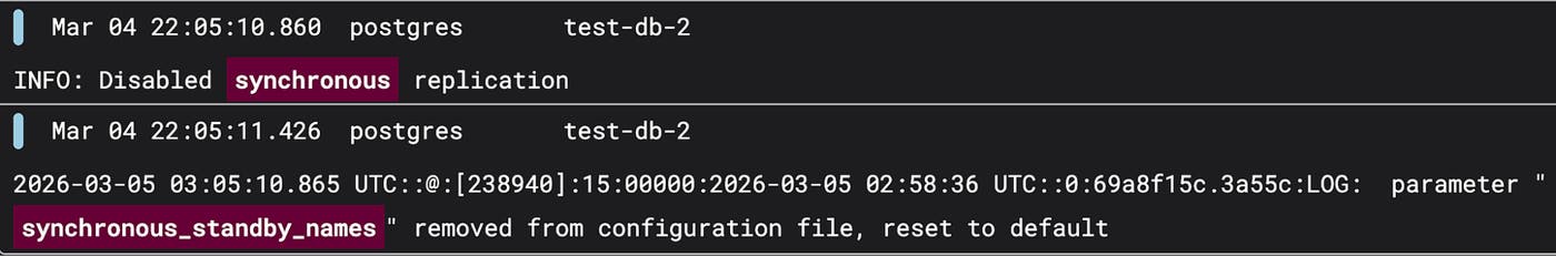Журналы: синхронная репликация отключена, synchronous_standby_names удалён из конфигурации на узле-лидере