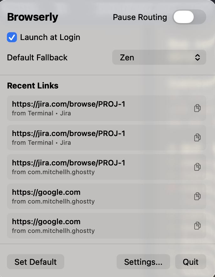 Поповер Browserly в меню-баре